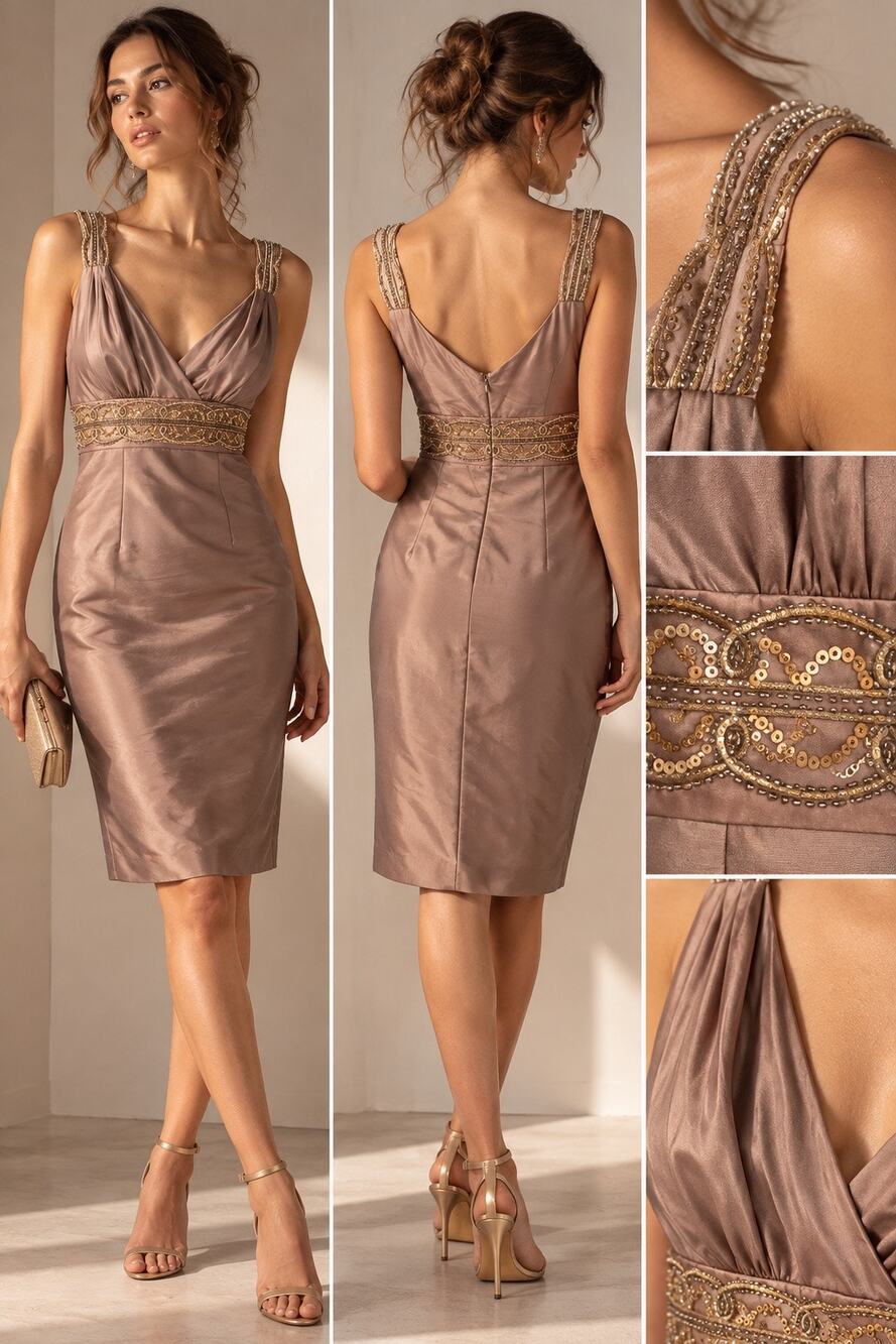 Adrianna Papell Bronze 100% Silk Beaded Sequin Empire Waist Dress 14 Y2K Glam
